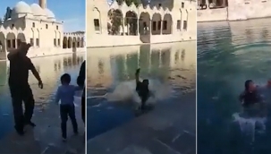 Video çeken şahıs dengesini kaybederek Balıklıgöl'e düştü