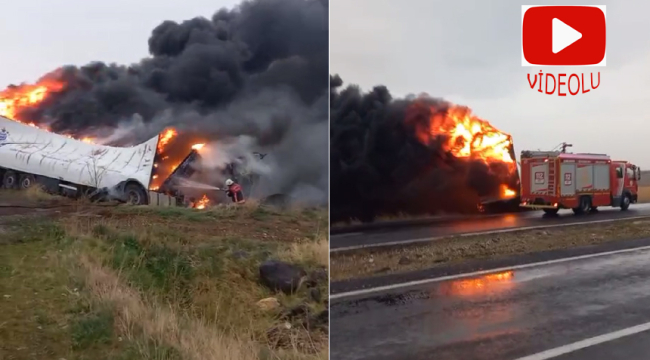 Siverek'te kaza yapan tır alev alev yandı